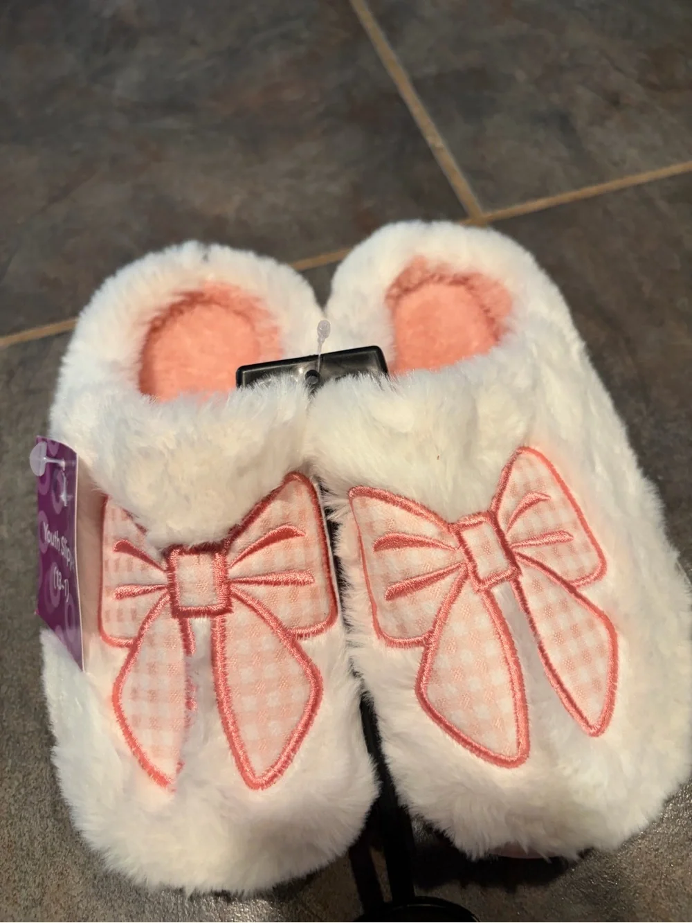 NWT Fuzzy White Slippers with Pink Bow Accent